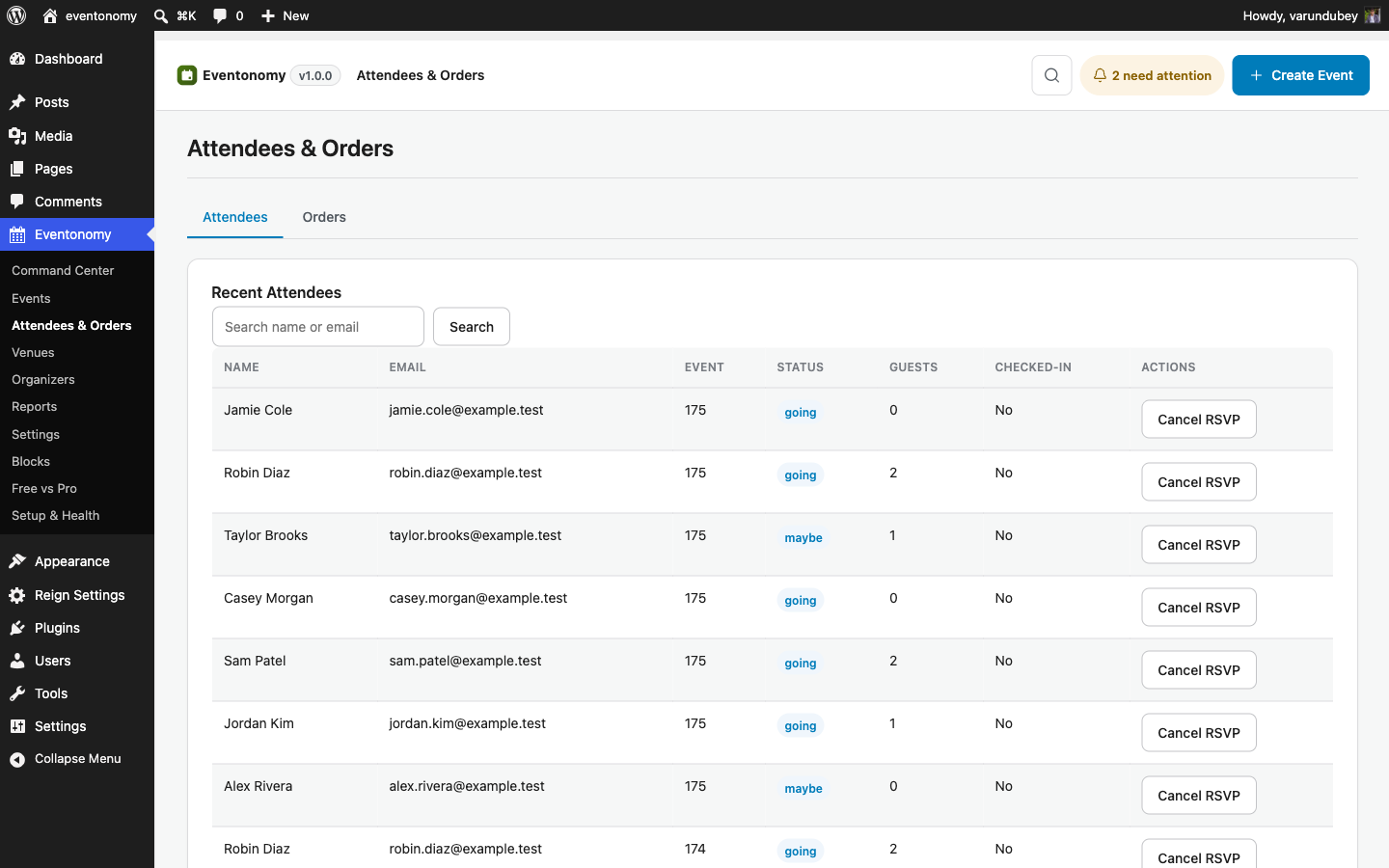 Attendees and orders admin screen with the attendee list and export options