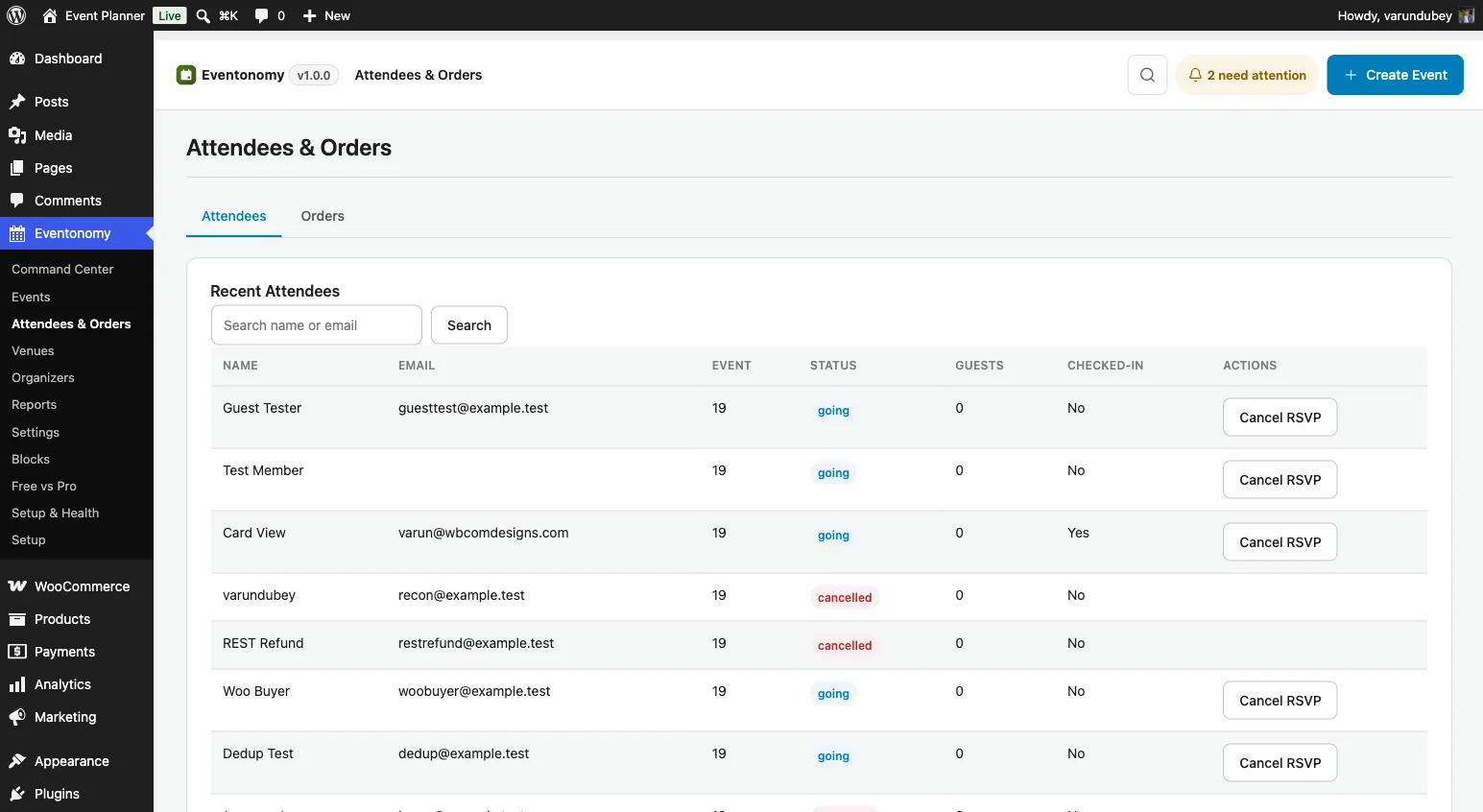 Admin Attendees & Orders screen showing a list of RSVPs with check-in status