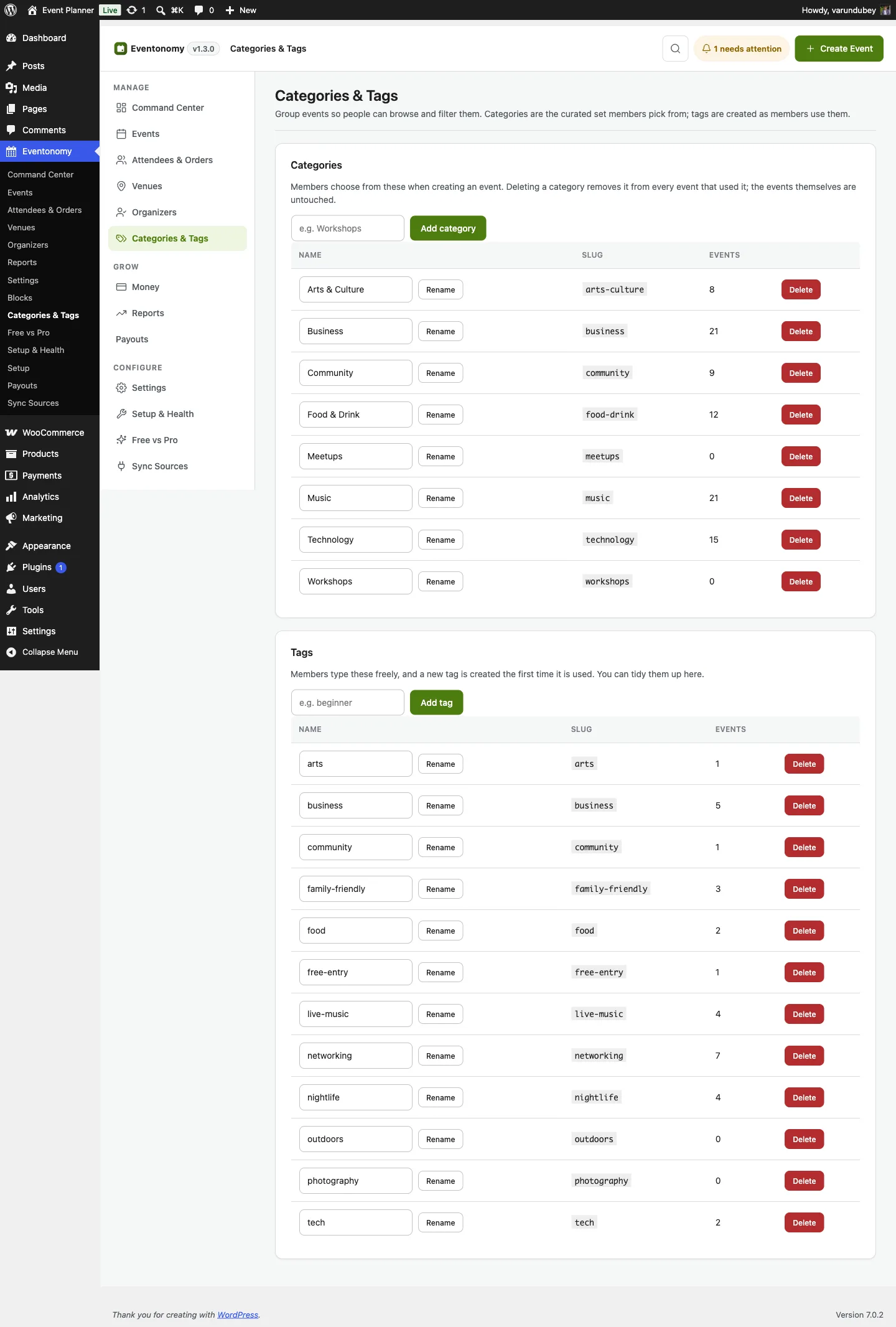 The Categories & Tags admin screen: a curated category list with slugs, event counts and Rename/Delete, above a tag list that members create as they go