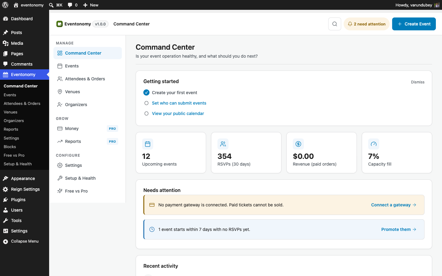 Eventonomy admin dashboard after a fresh installation