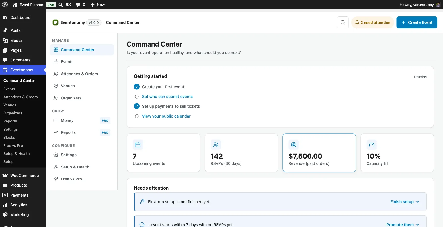 Eventonomy admin dashboard after a fresh installation