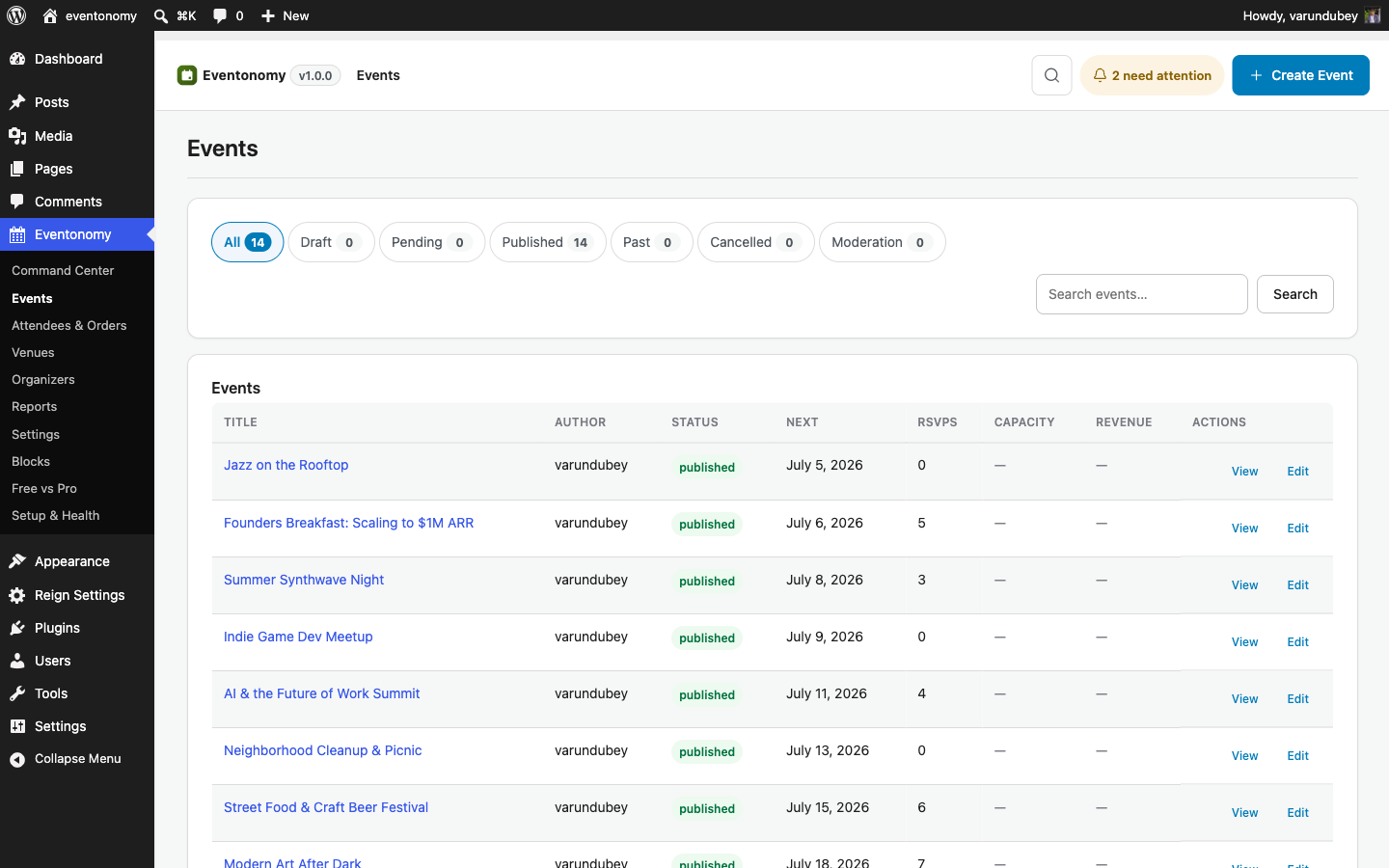 Eventonomy Events admin screen showing a list of events with status badges