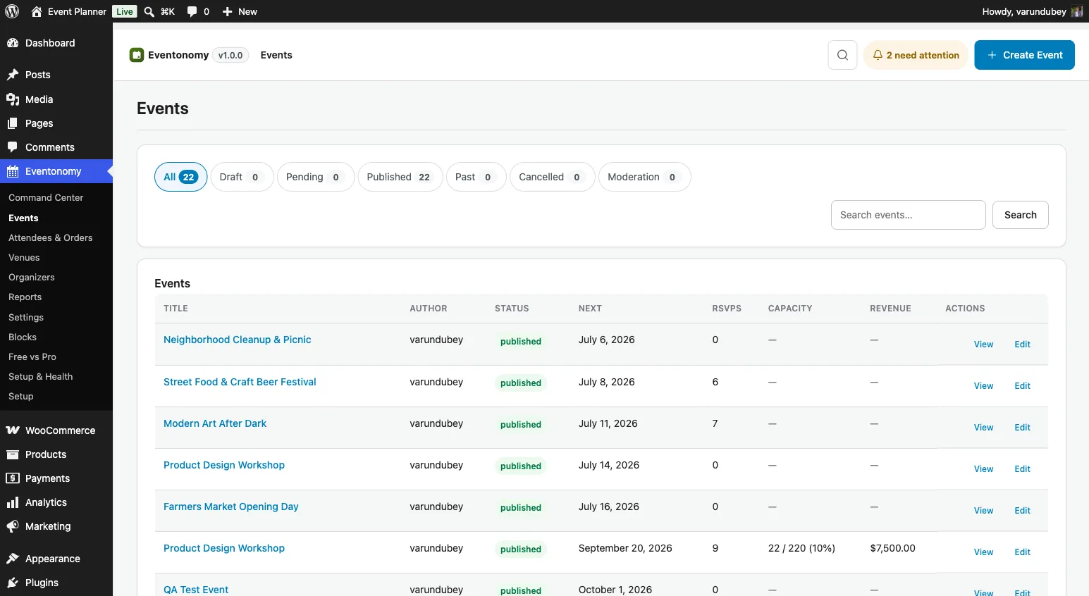Eventonomy Events admin screen showing a list of events with status badges