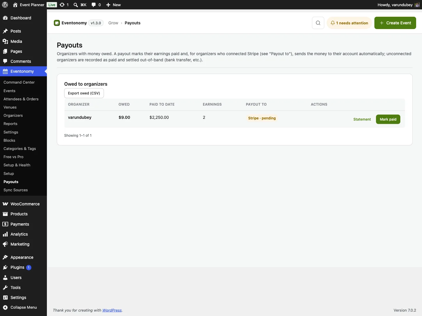 The Payouts admin screen listing each organizer with an outstanding balance, their payout method, and per-row Mark paid and Statement actions