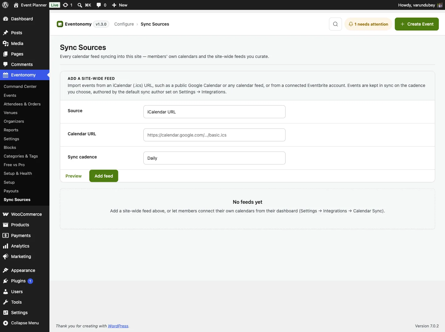 The Sync Sources admin screen listing every connected feed with its source, owner, cadence, last run and status
