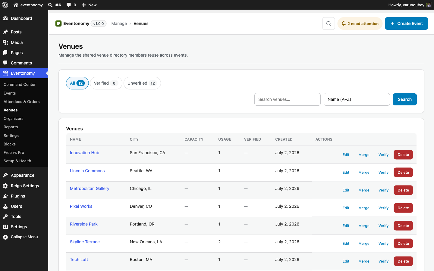 Venues admin screen listing saved venues with names and addresses