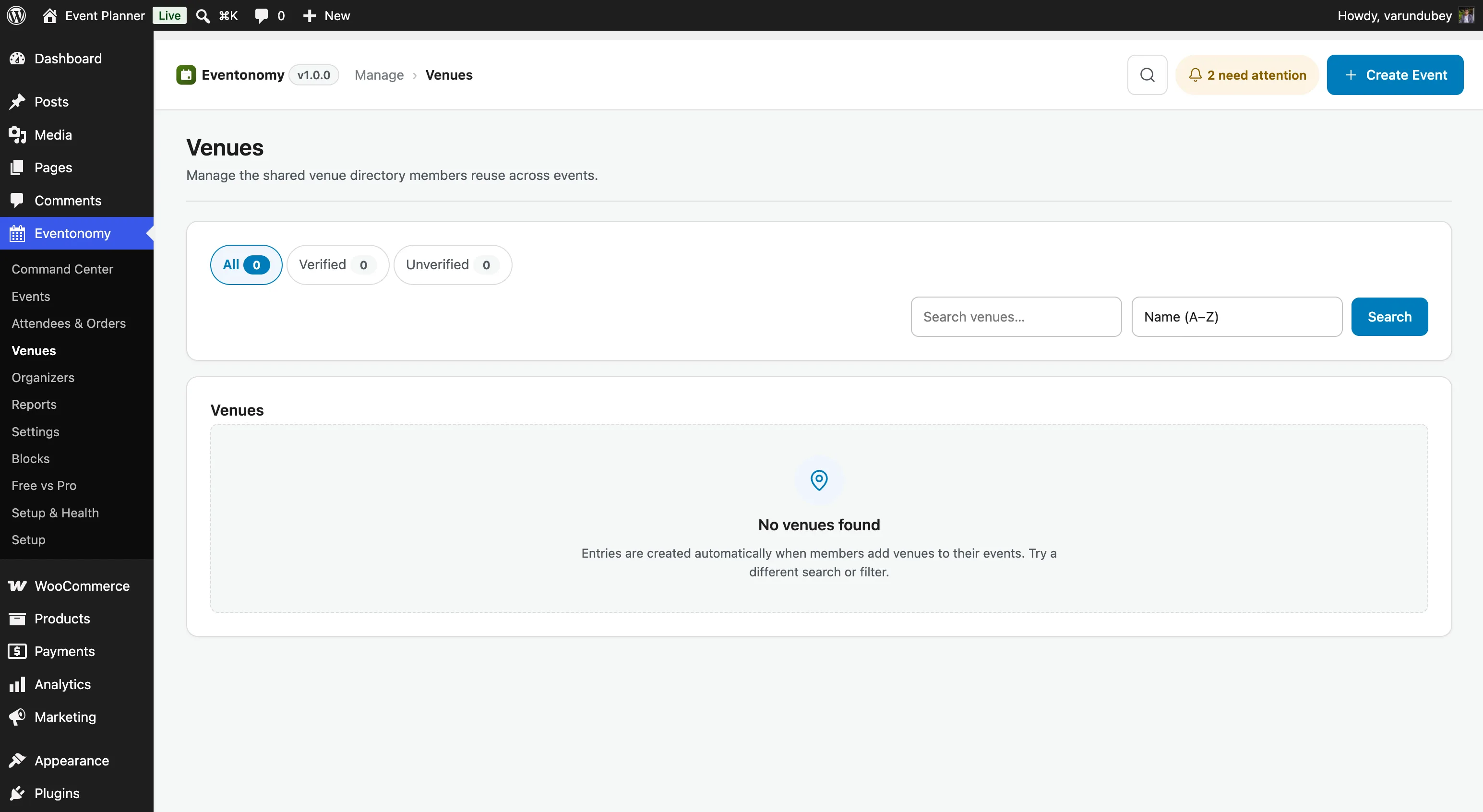 Admin Venues page showing the venue catalog with usage counts