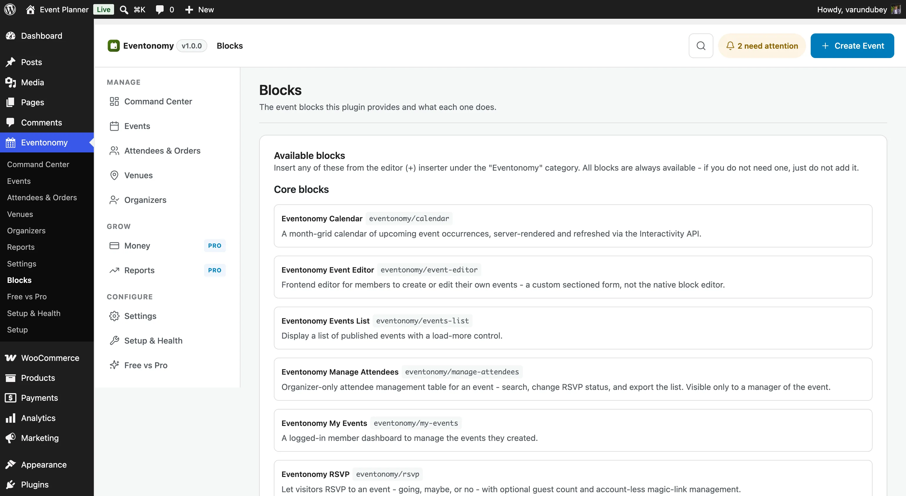 Eventonomy block inserter panel showing all available blocks