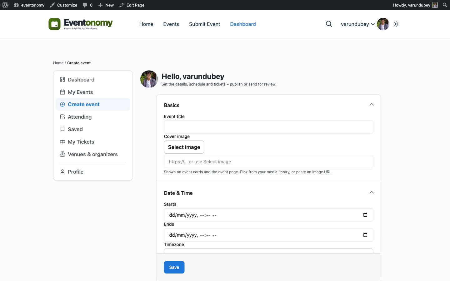 Eventonomy event editor showing a new event being created