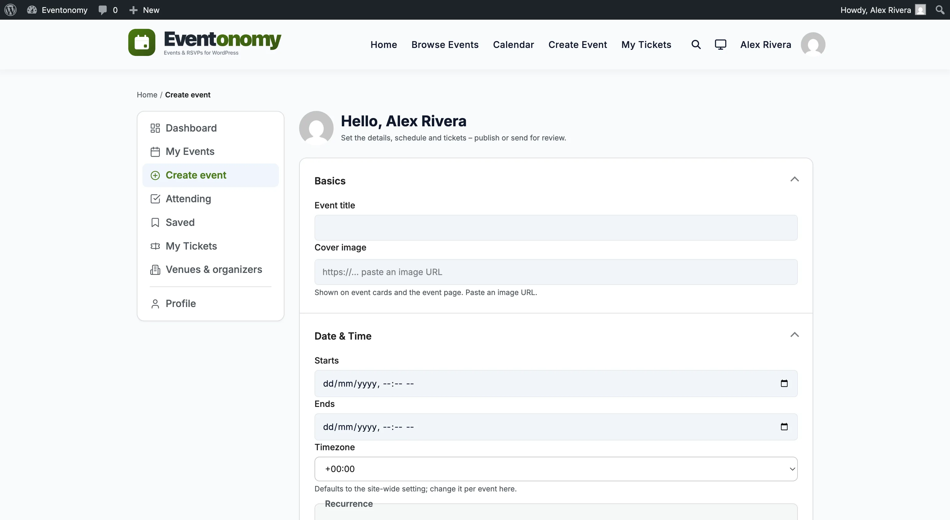 Eventonomy event editor showing a new event being created
