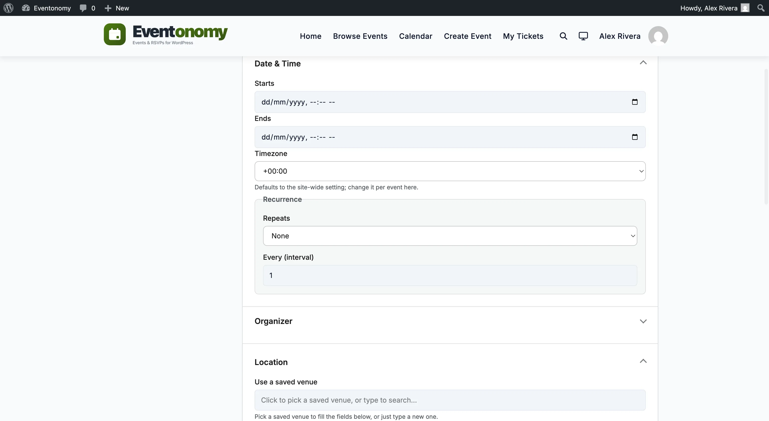 Event editor with the recurrence panel open showing a weekly repeat rule