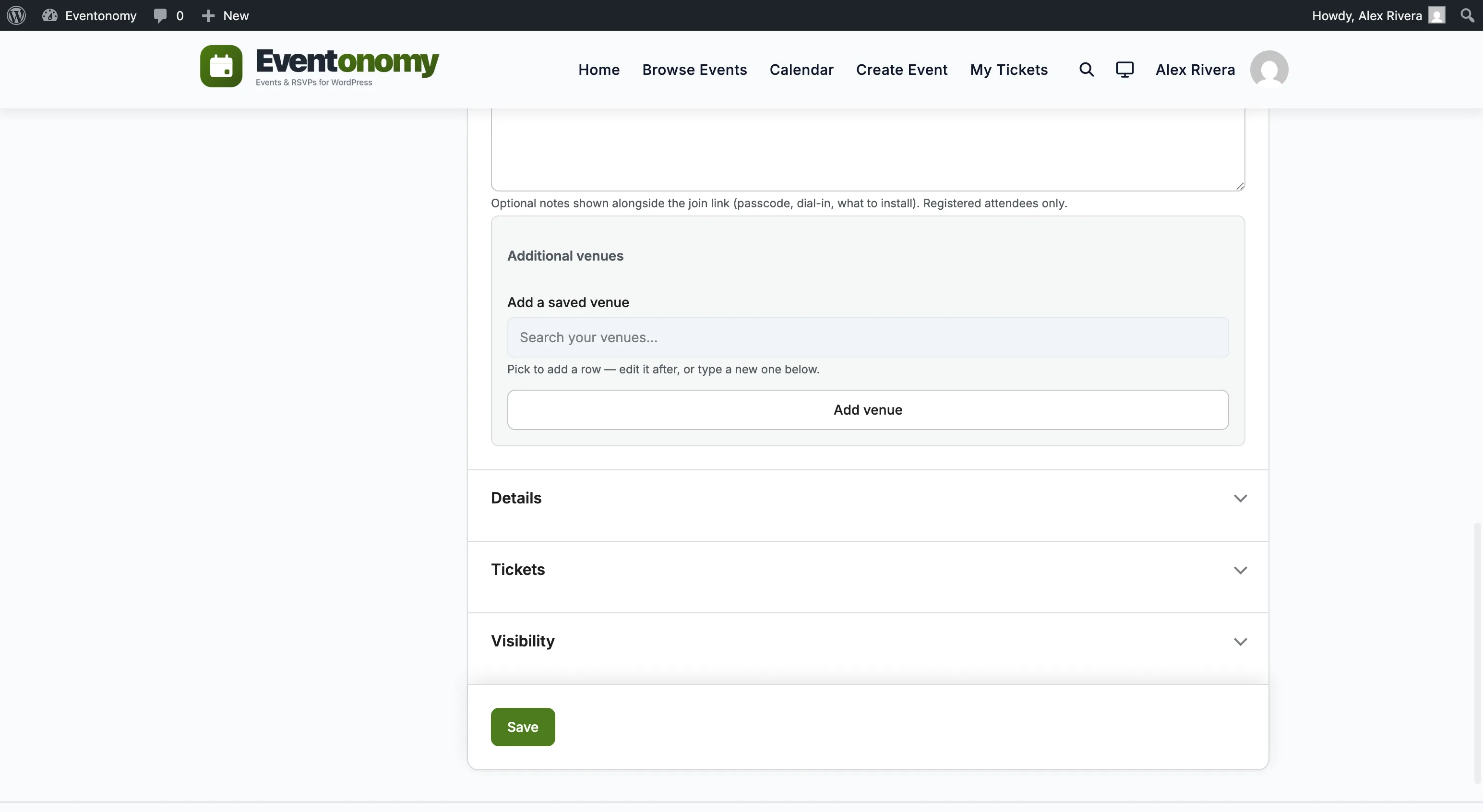 Event editor ticket panel showing a free and a paid ticket type