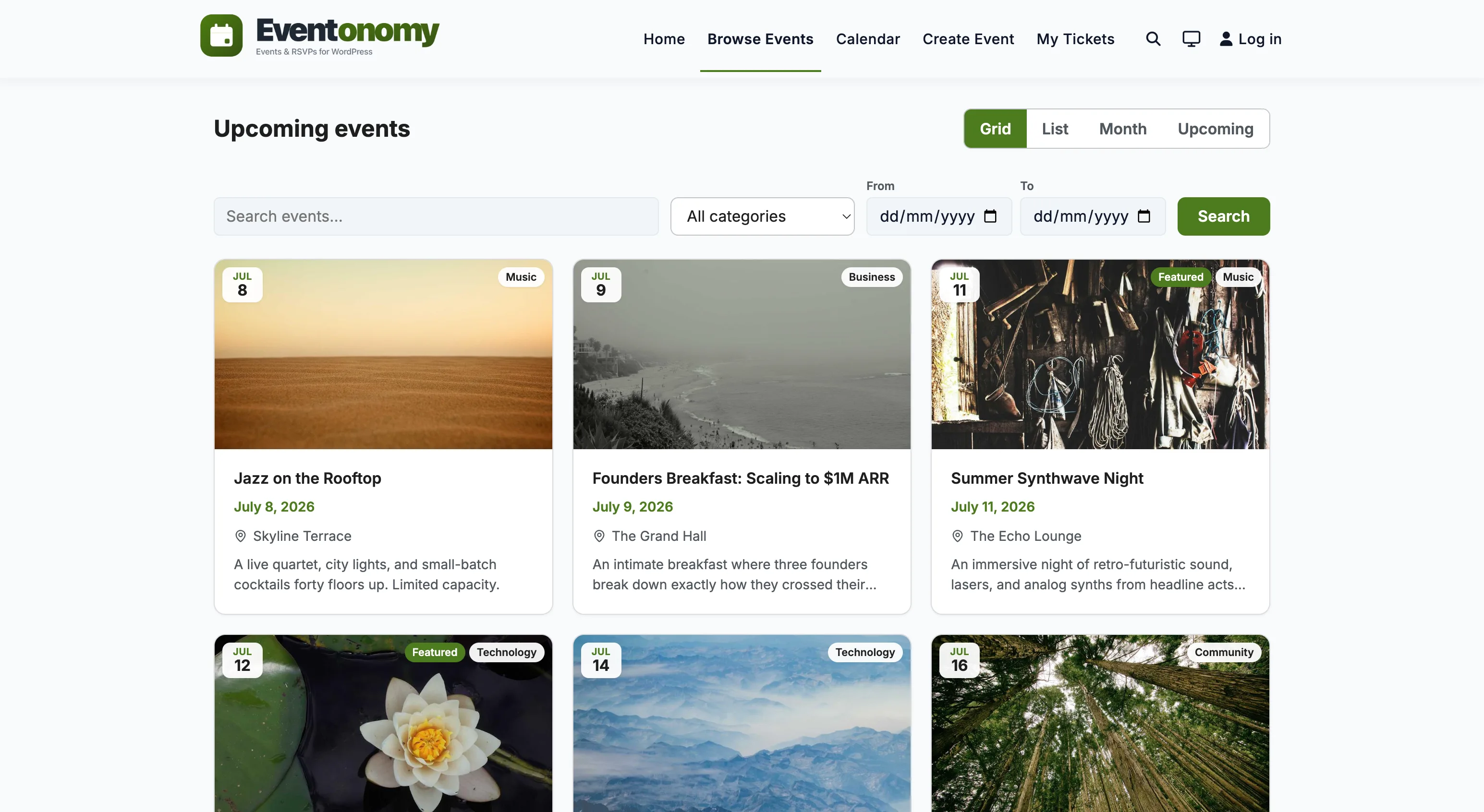 Eventonomy events grid view showing upcoming events as cards