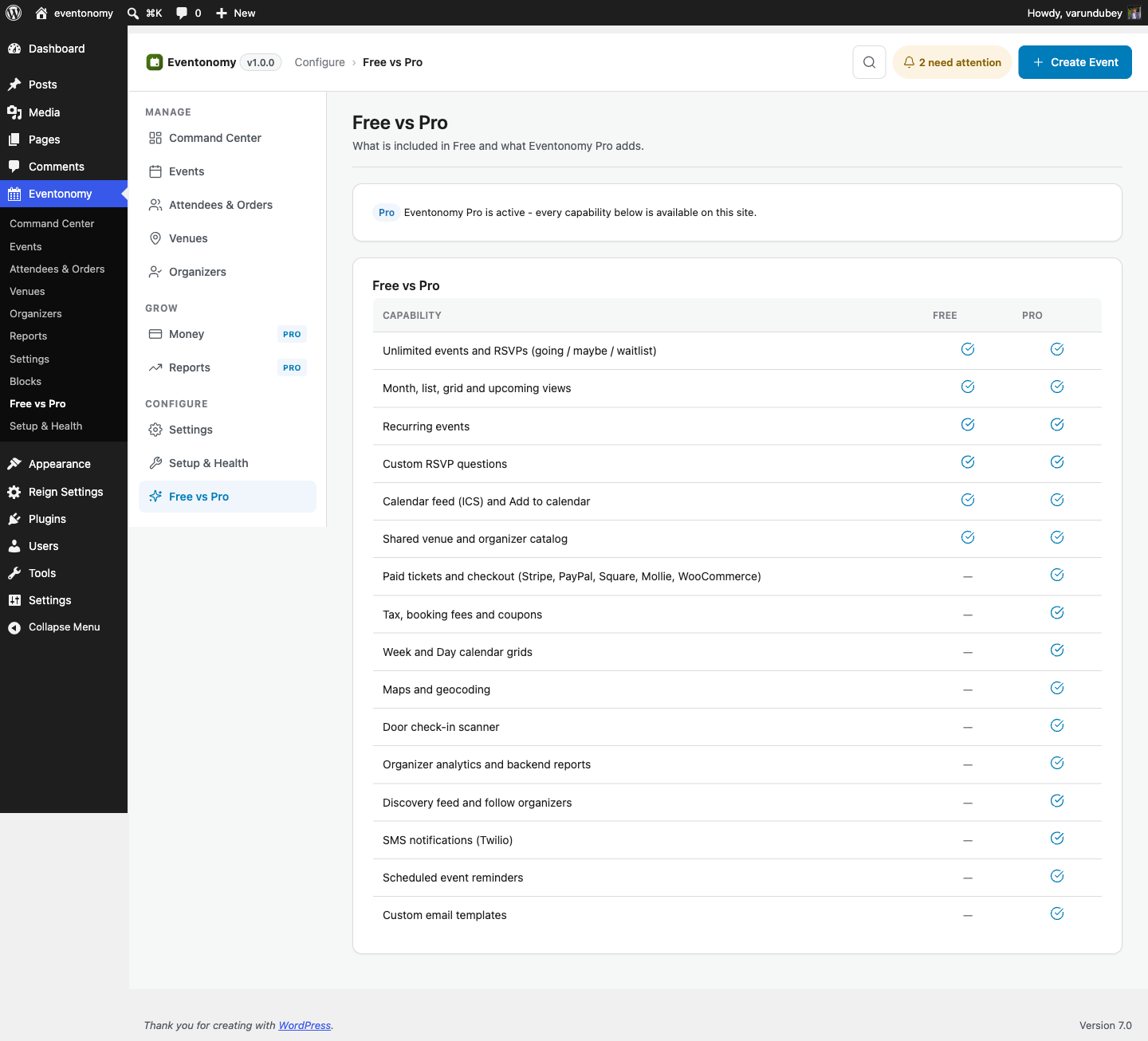 Eventonomy Free vs Pro comparison table showing feature availability