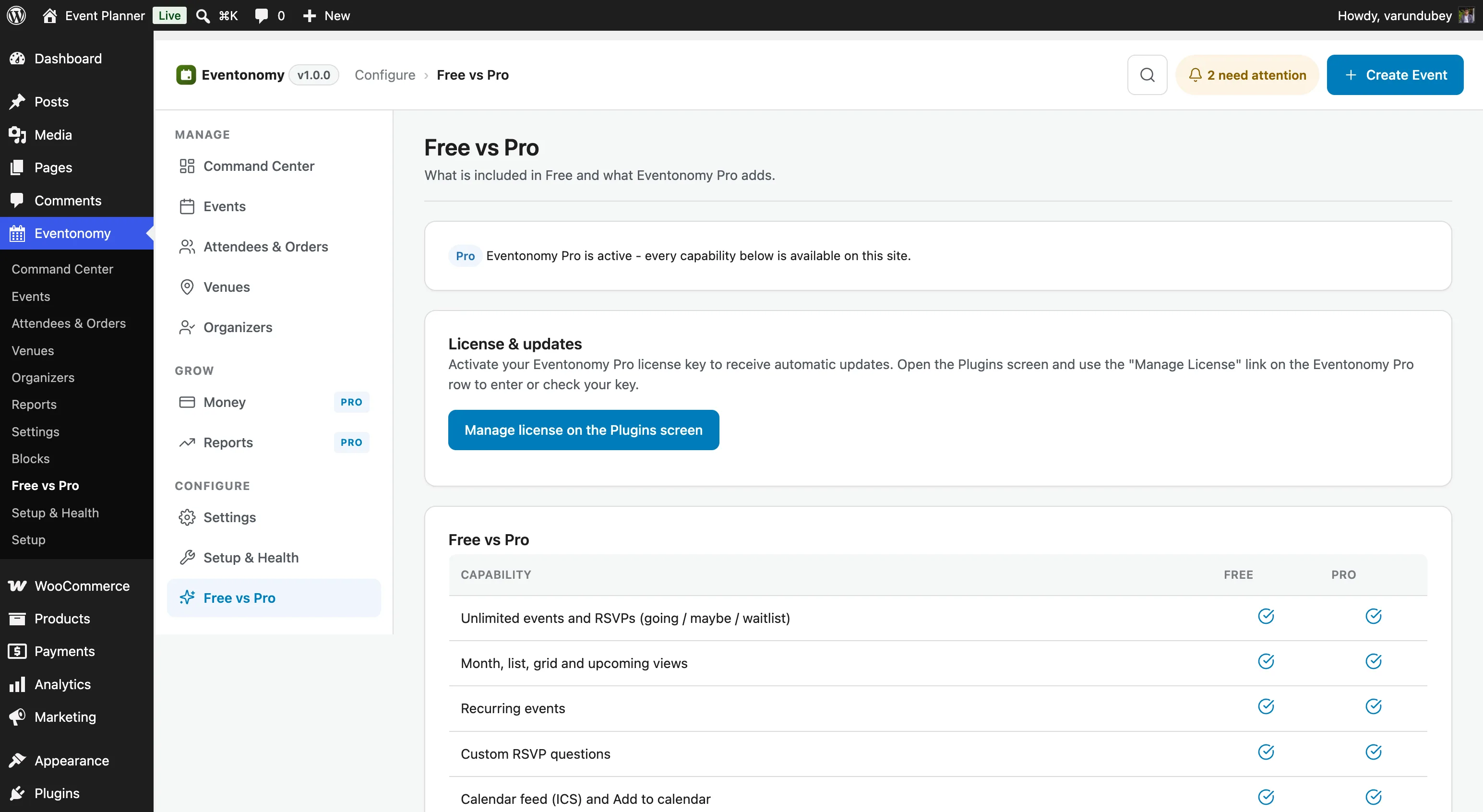 Eventonomy Free vs Pro comparison table showing feature availability