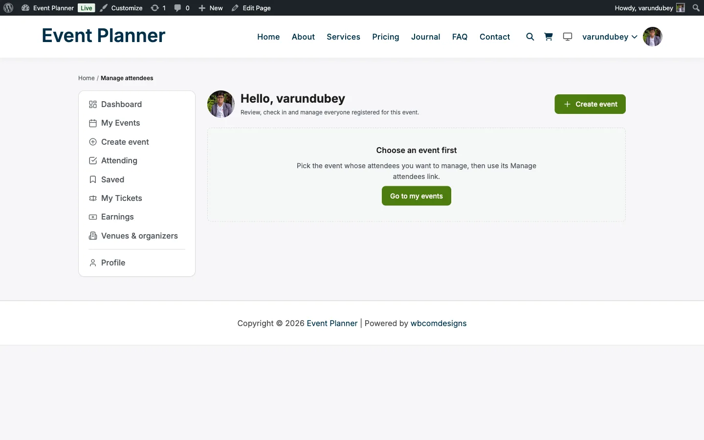 The manage-attendees block with no event selected, showing "Choose an event first" and a Go to my events button inside the member dashboard