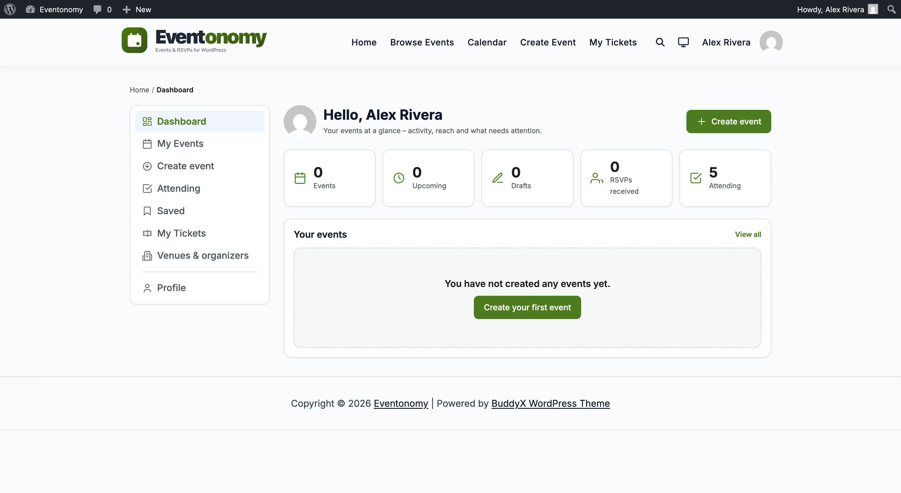 My Events dashboard showing the left navigation and the Overview section with stat cards