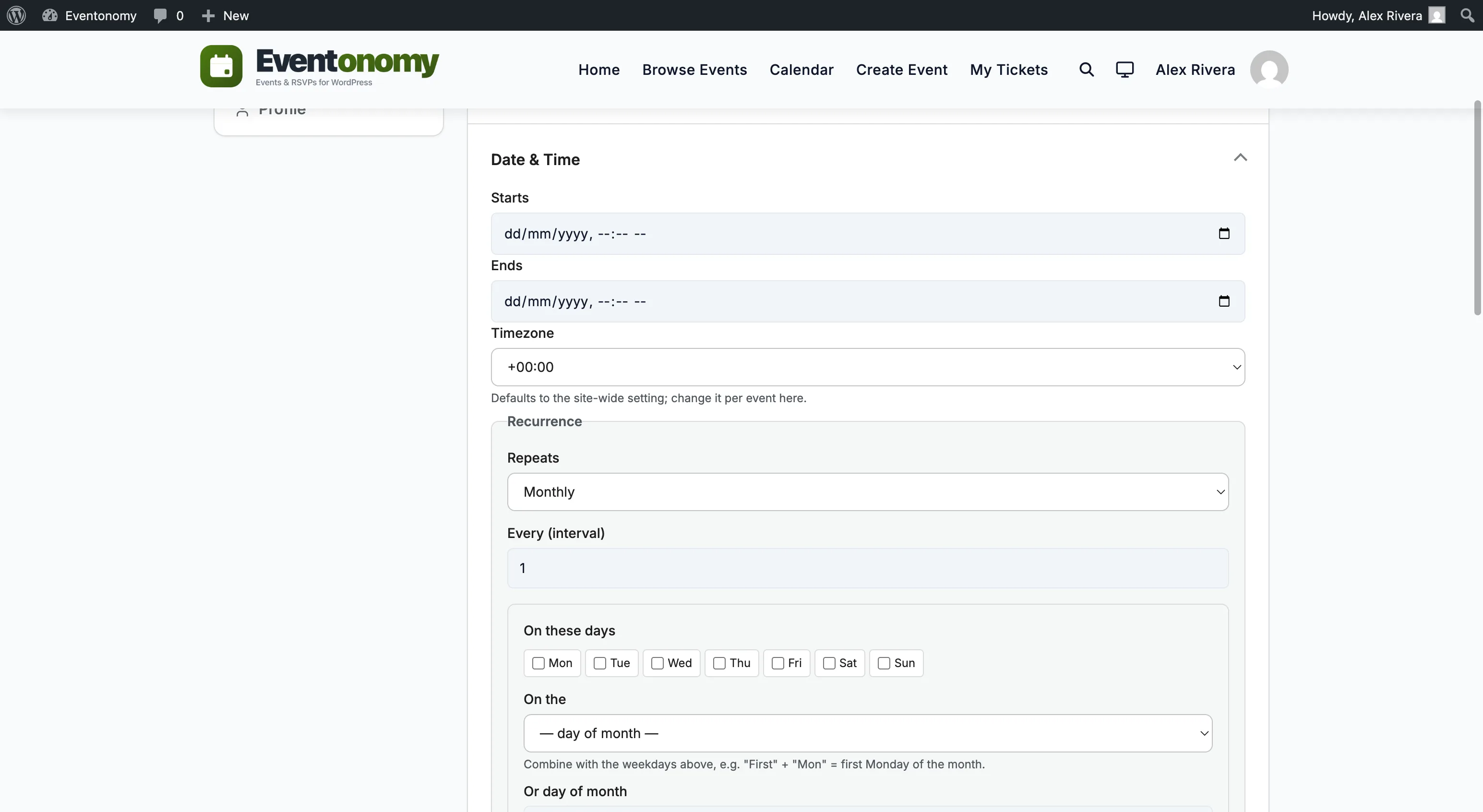 Event editor recurrence panel with the advanced weekday and monthly controls open