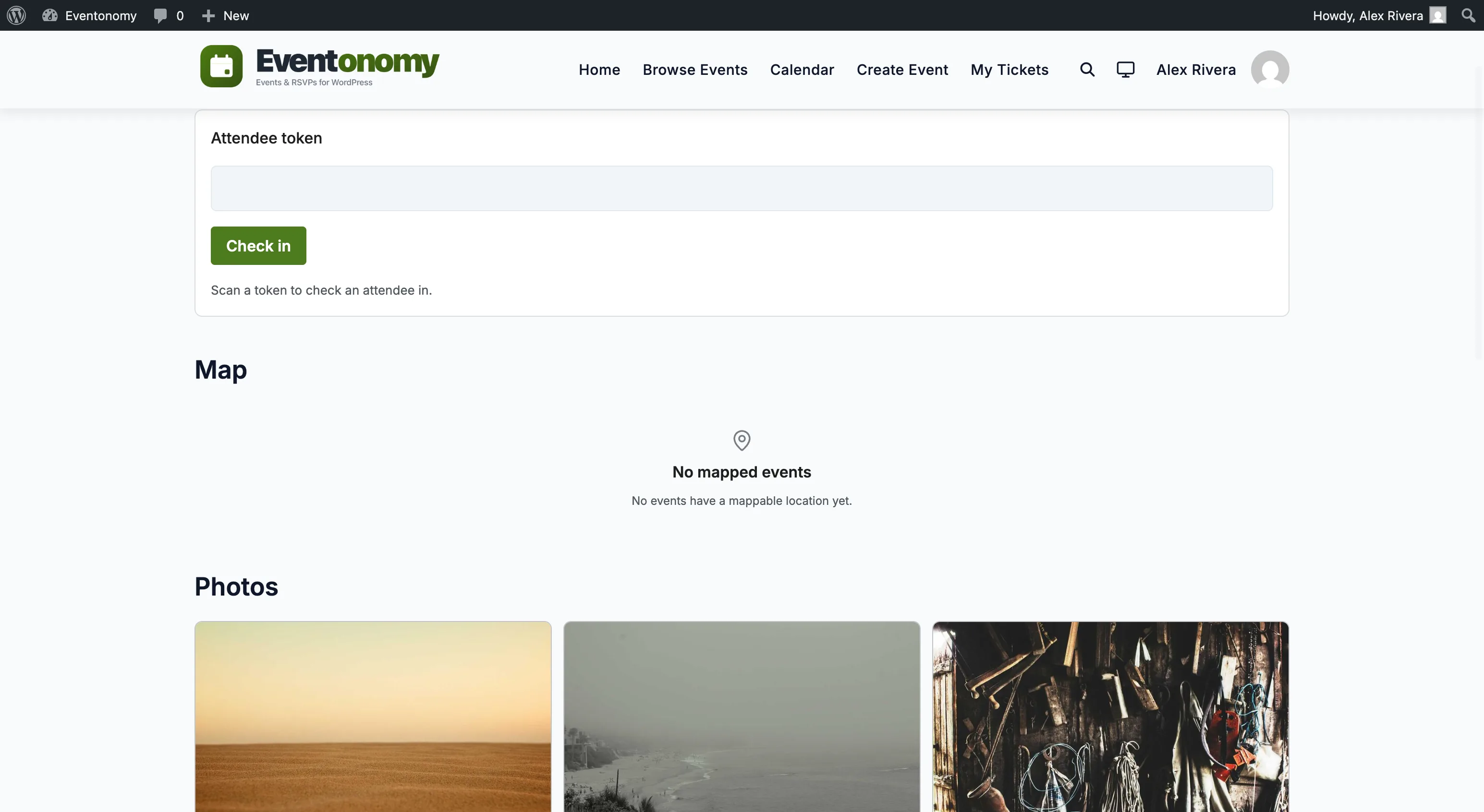Check-in block showing the token input field, Check in button, and a success result