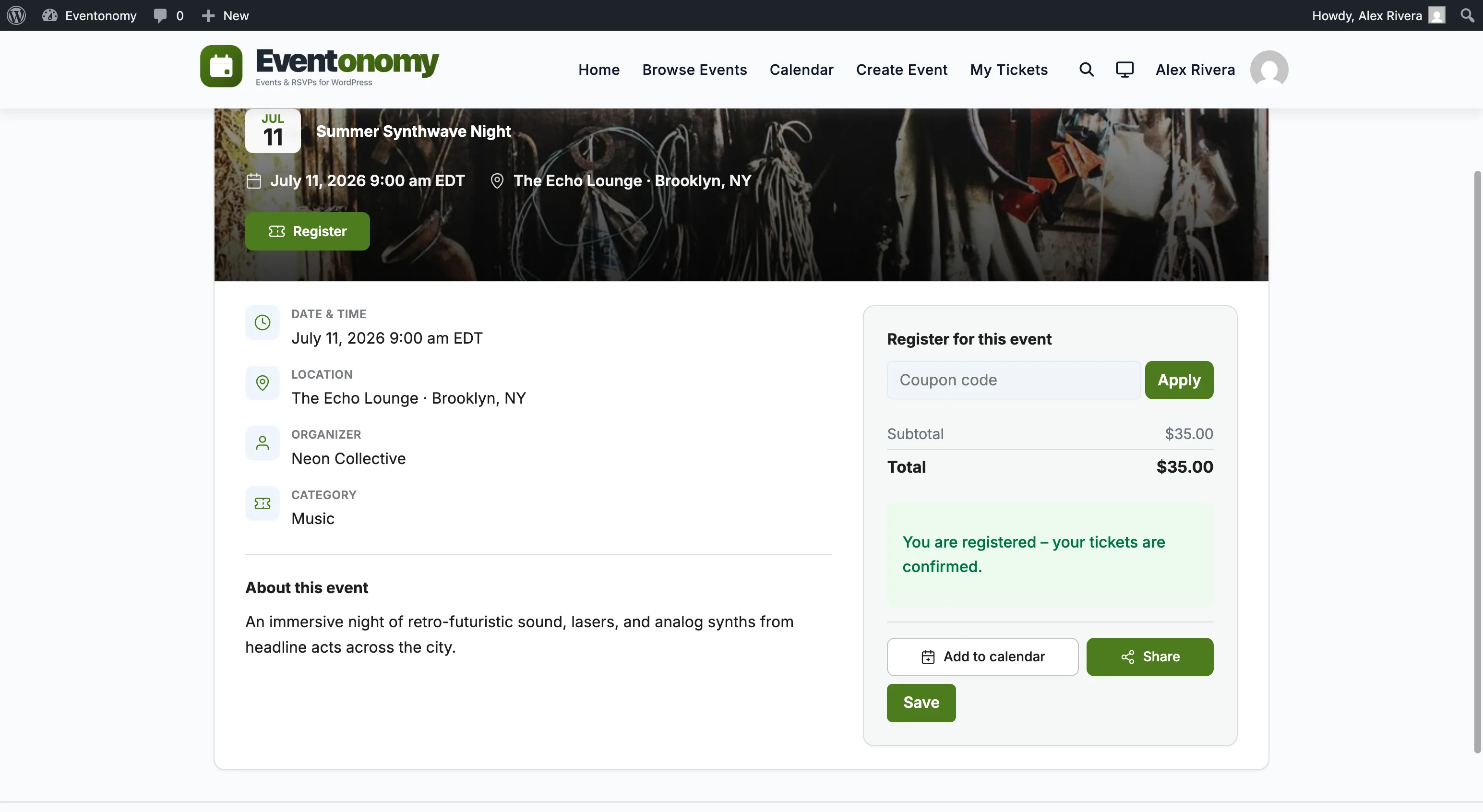 Checkout order summary showing ticket subtotal, booking fee, tax, and total