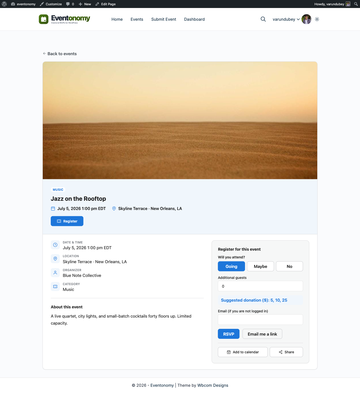 Eventonomy RSVP block on a single event page with going, maybe, and no buttons and a guest count field