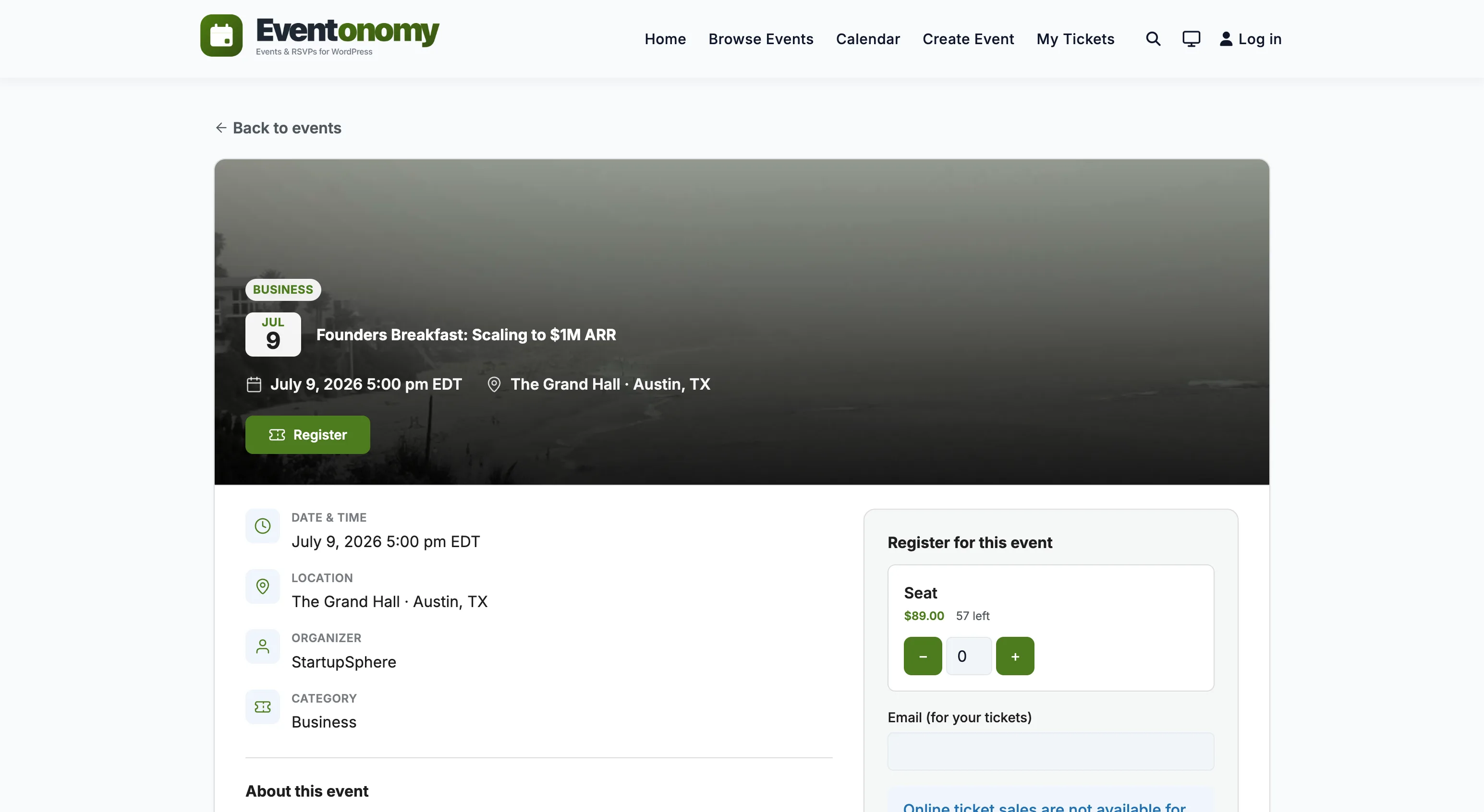 RSVP block on a single-event page showing the going/maybe/no buttons