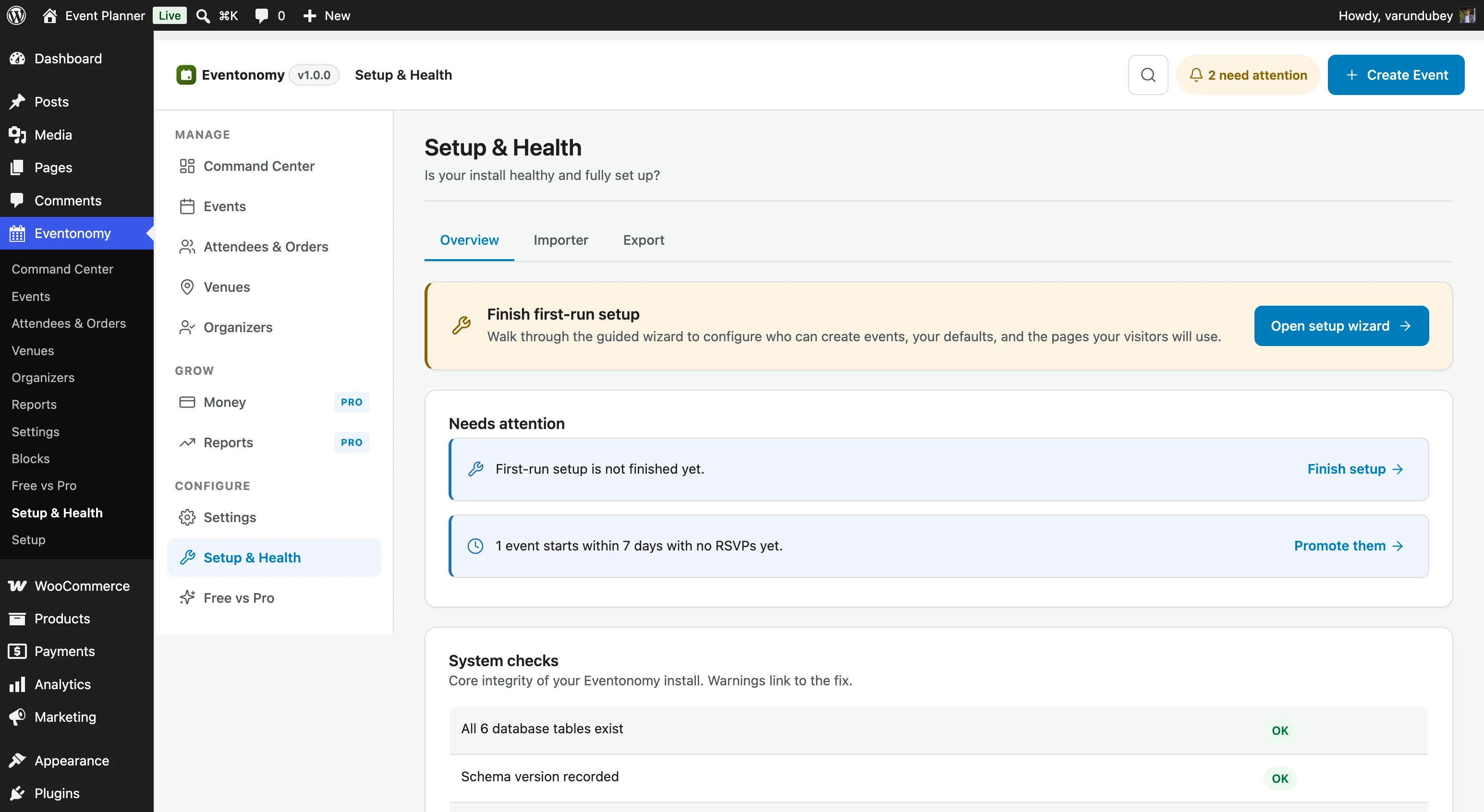 Eventonomy Setup & Health screen showing a healthy installation