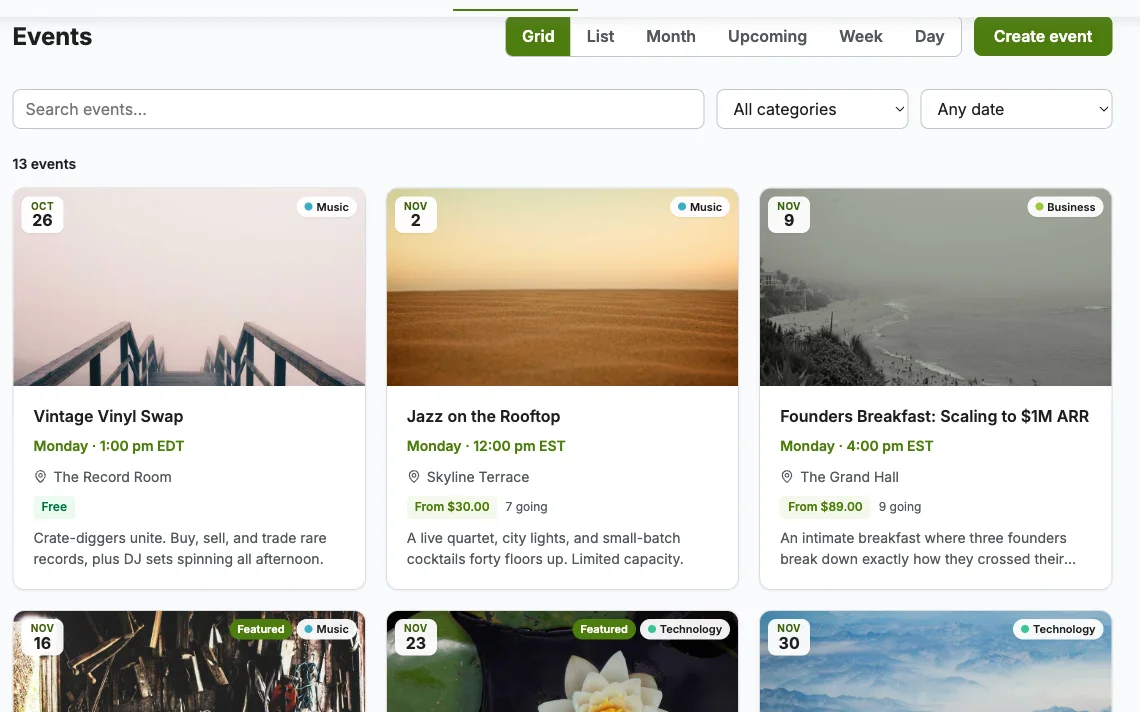 Eventonomy events page in grid view with category filters, date badges and upcoming events