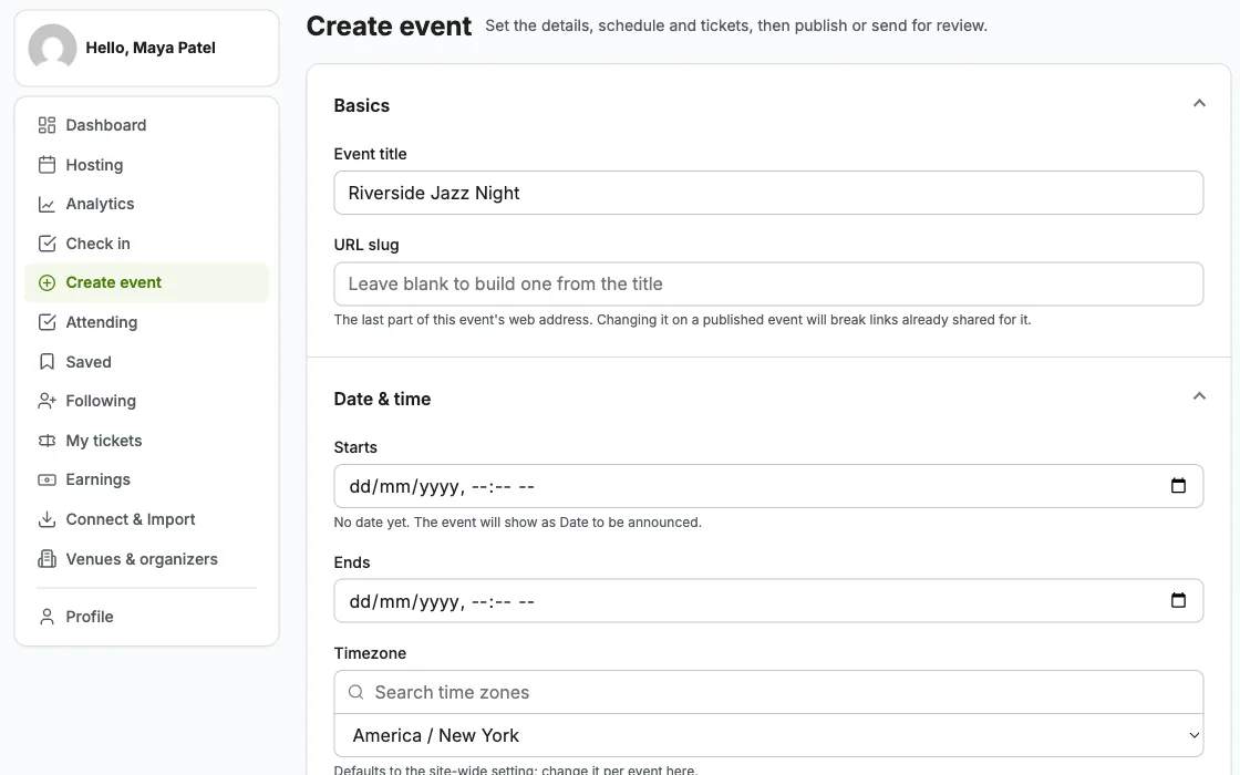 Create event form in the member dashboard with a title typed in, date fields and a timezone picker