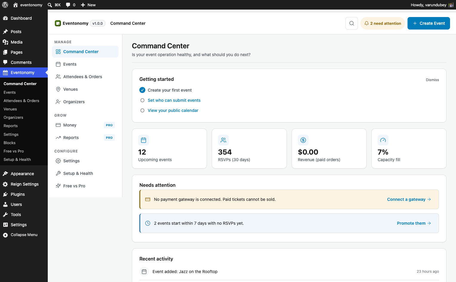 Eventonomy admin command center showing event stats and quick actions inside WordPress