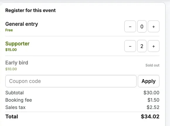 Ticket checkout with free and paid ticket types, a sold-out early bird, a coupon field, booking fee, sales tax and a $34.02 total