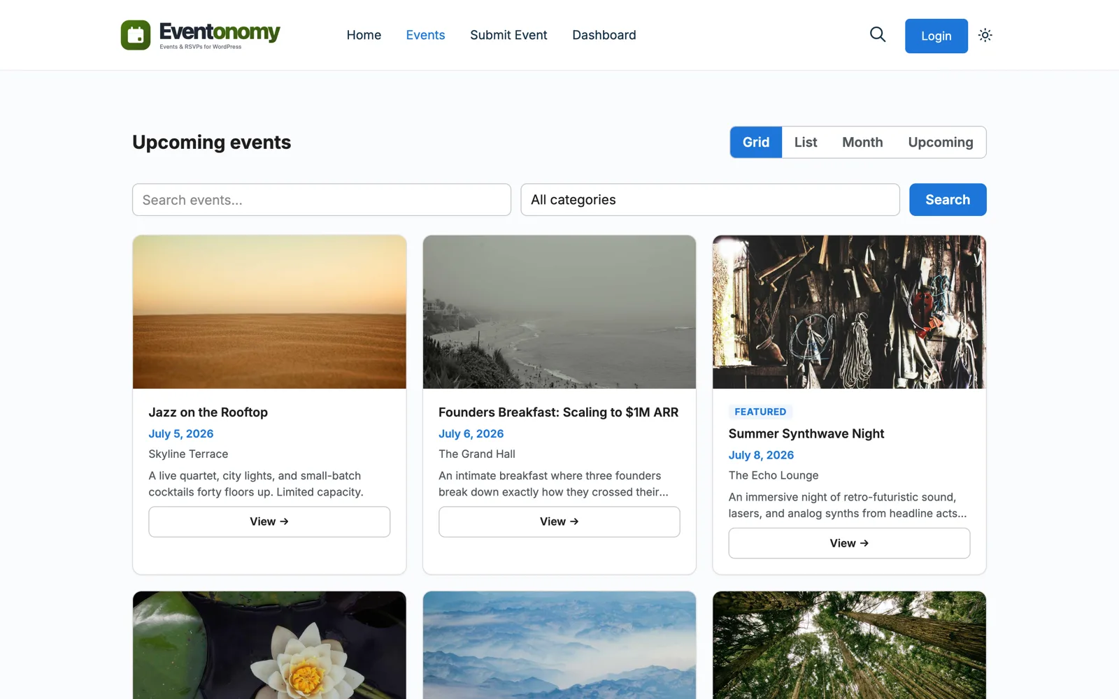 Events grid view showing event cards with cover images, dates, venues, and RSVP counts