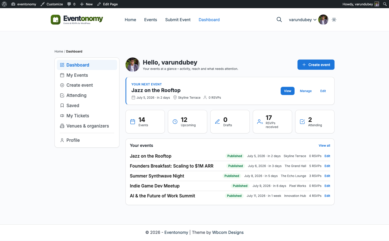 Member dashboard with a left navigation and overview stat cards for drafts, pending, and published events