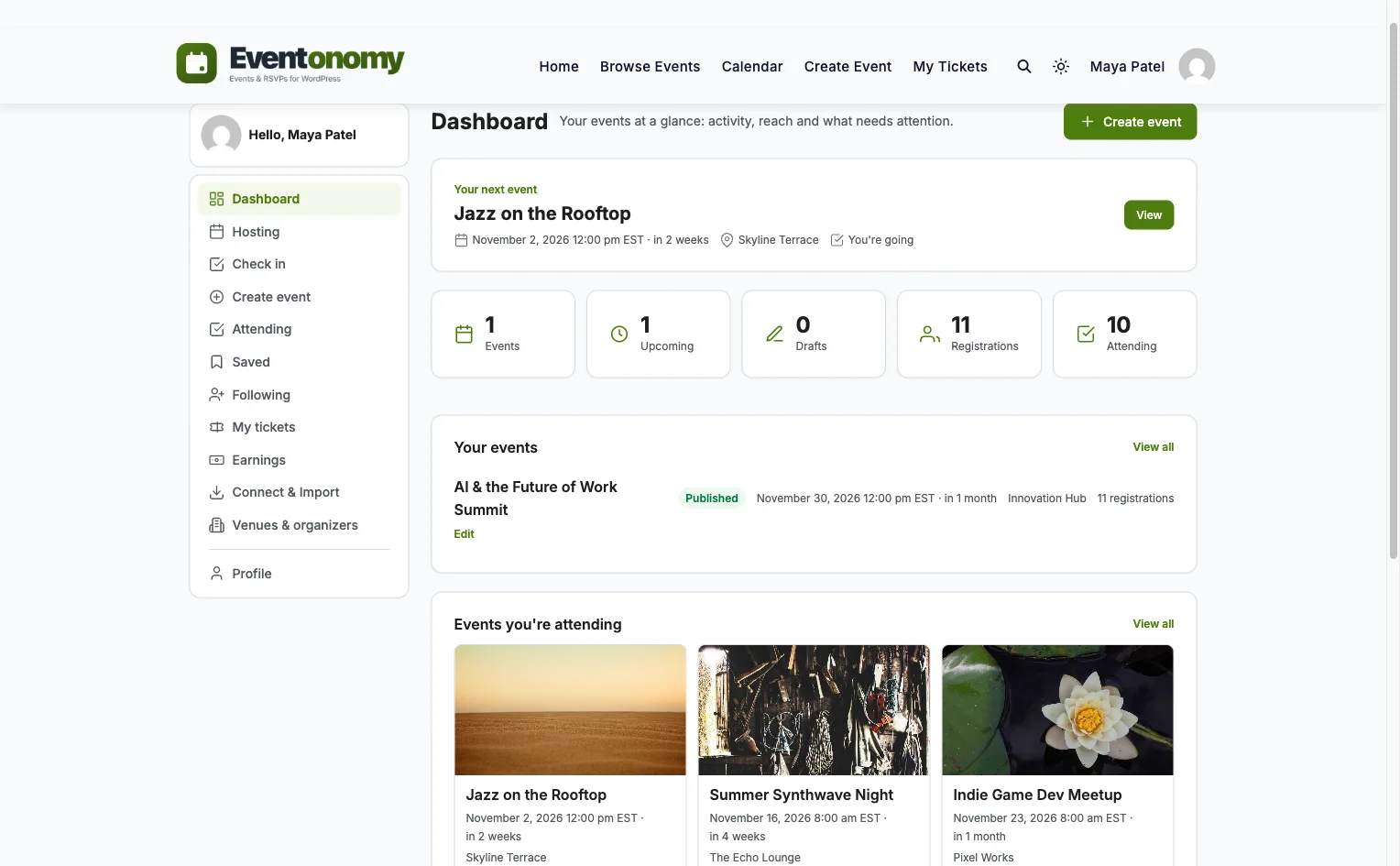Eventonomy member dashboard showing the left navigation, stat cards, and a next event spotlight