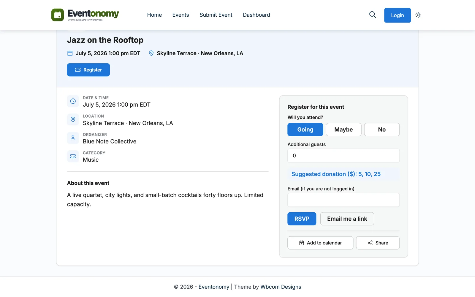 Single event page showing session details with the add-to-calendar option